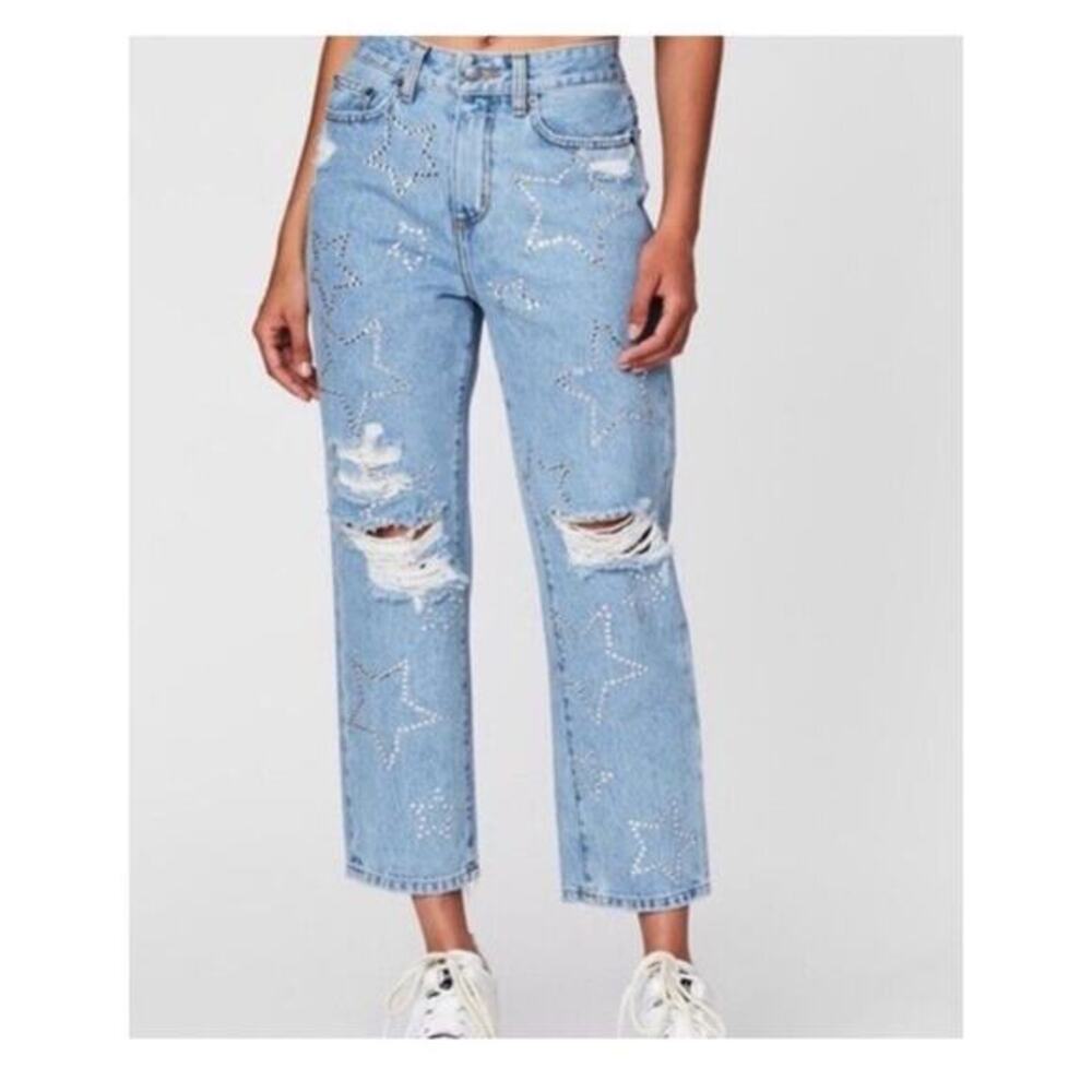 Carmar Denim Star Rhinestone Jeans Womens 26 Light Wash‎ Distressed Festival Y2K